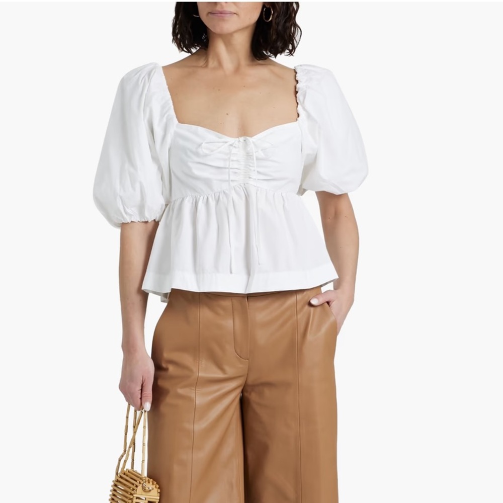 Cara Cara Pippa bow-detailed ruched cotton-poplin top